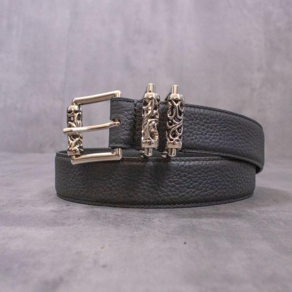 Black Leather Belt Silver Ornate Buckle Double Roller Black Punk Waist Belt